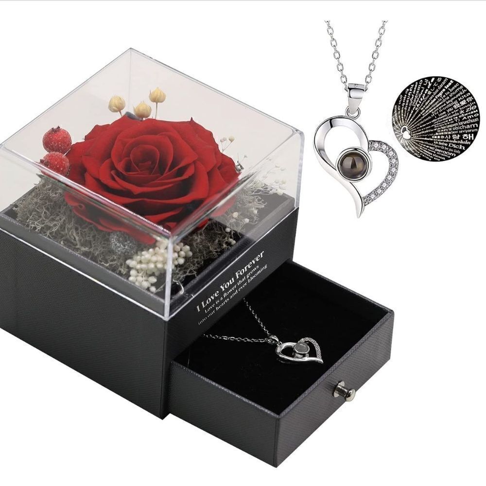 Preserved Real Rose & Heart Necklace Jewelry Christmas 100 Languages of LOVE